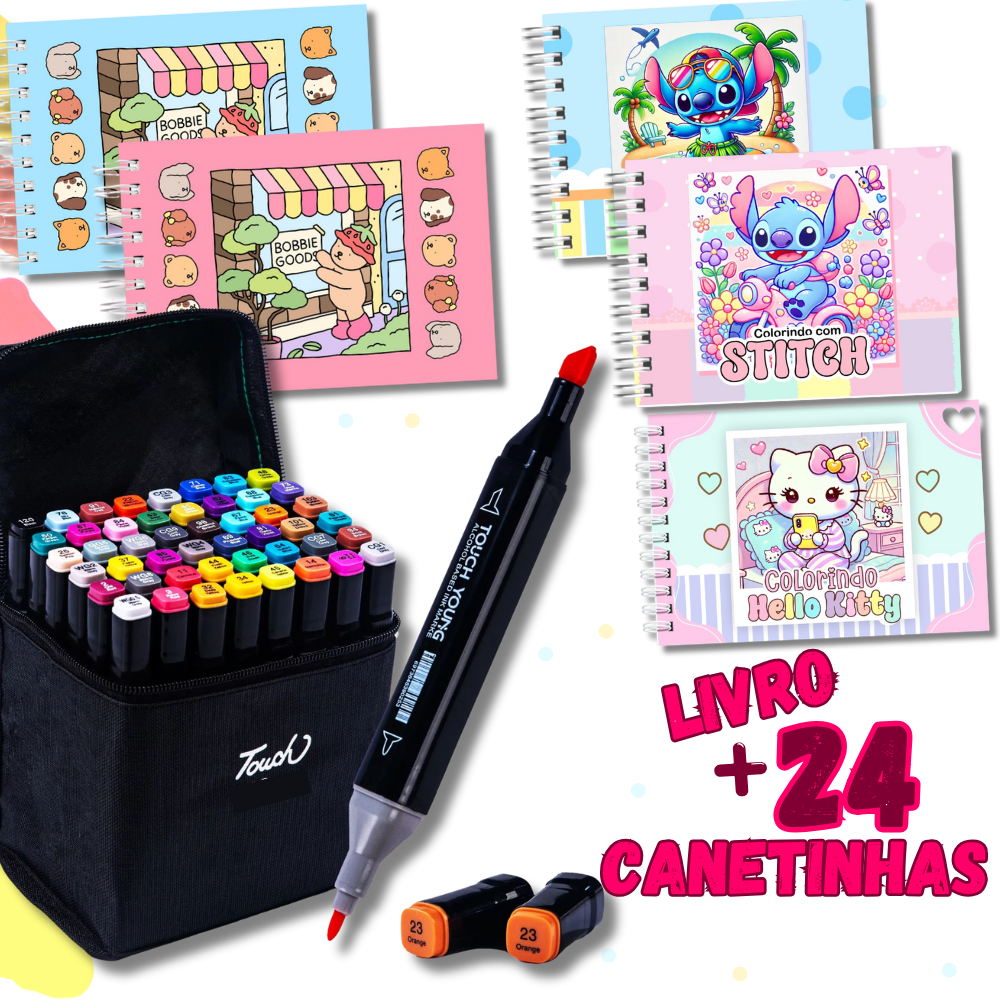 Kit 24 Canetinhas + Livro De Colorir Capa Dura Stitch Angel Hello Kitty Outros 50 desenhos...