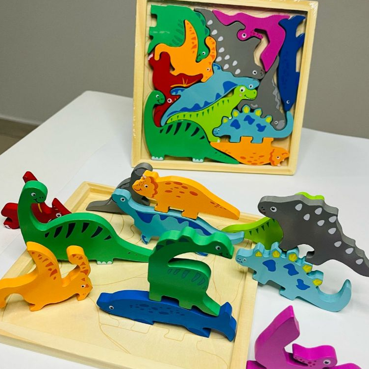 Tabuleiro de quebra cabeça 3D de encaixe Dinossauro Frutas  Números brinquedo pedagógico