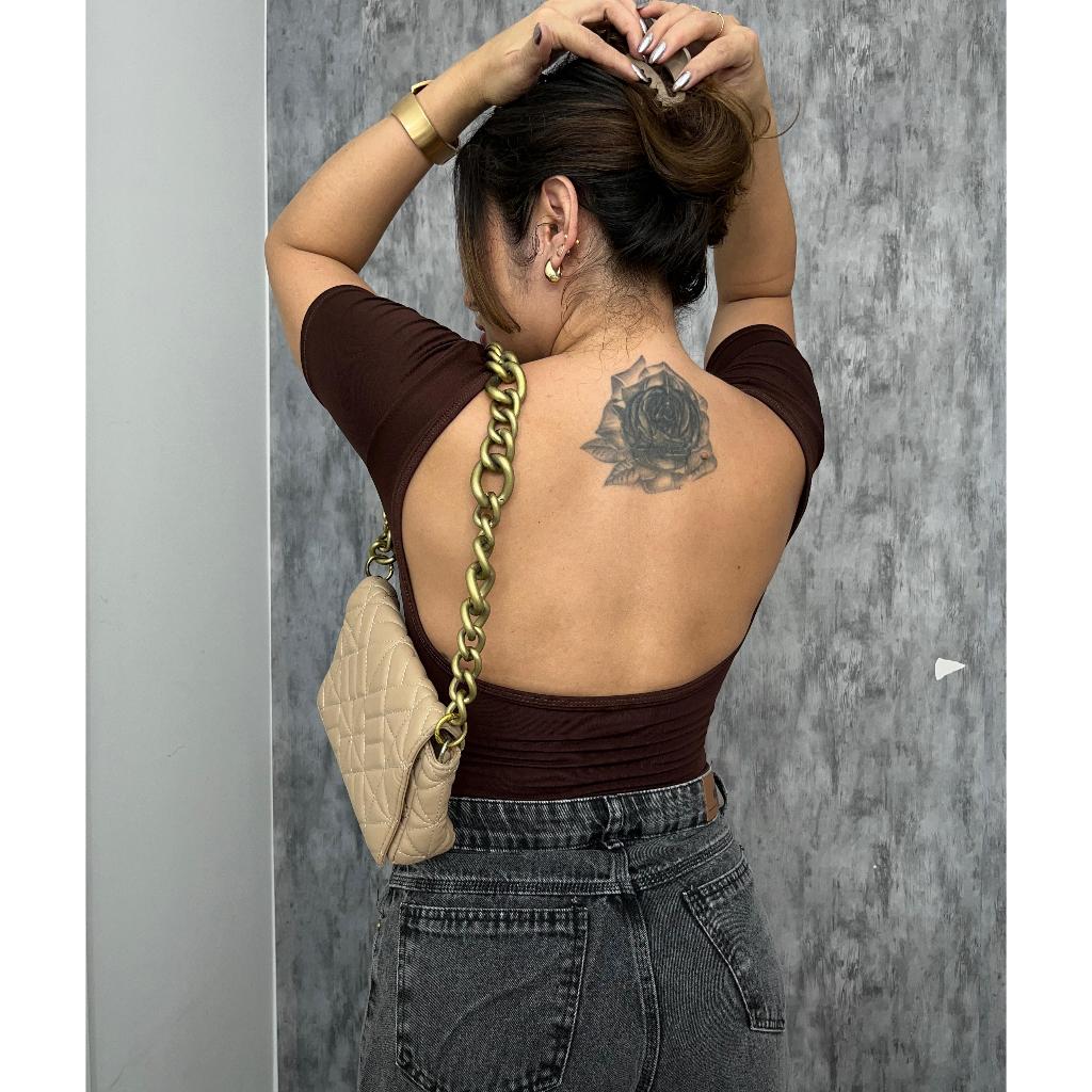 Body Feminino Suplex COSTA NUA Básico Tendência Manga Curta Body Bory Bodysuit Cavado Sexy  Bori est