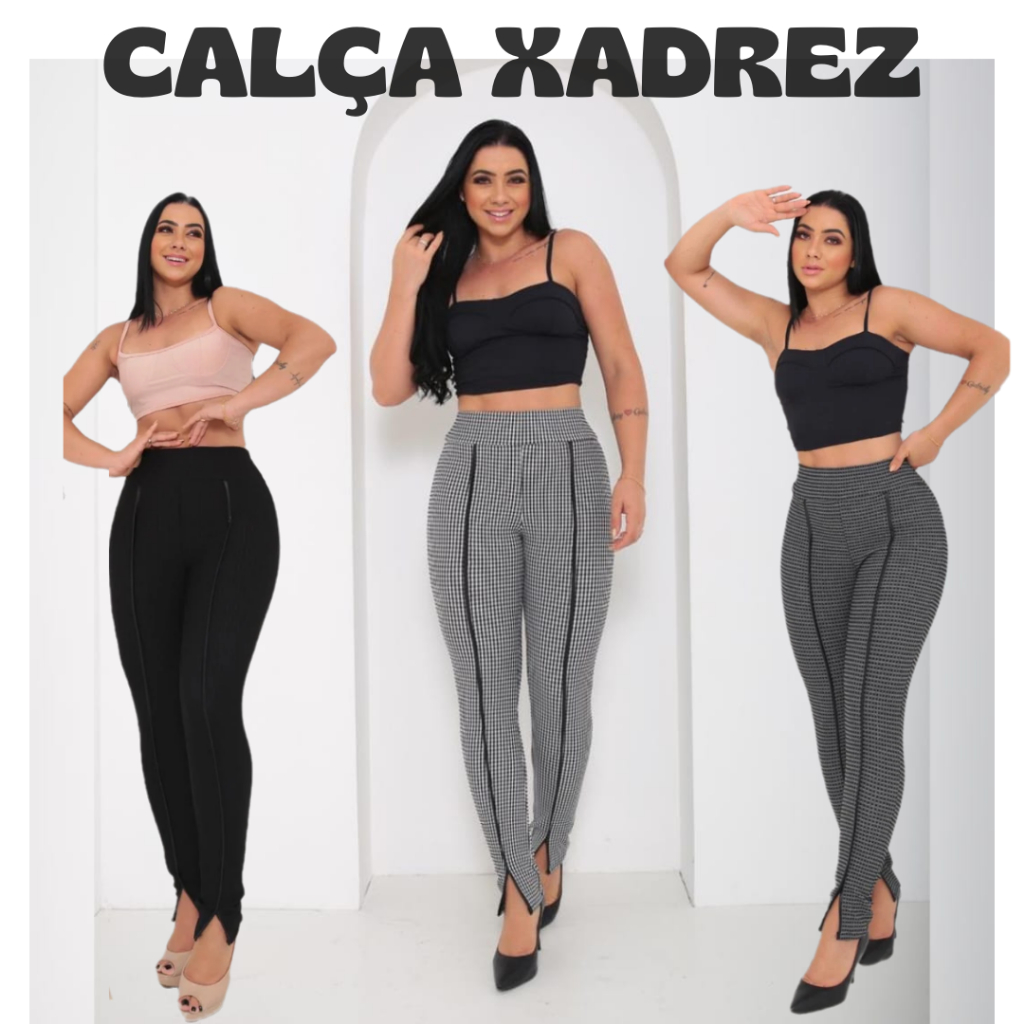 Calça femenina jacar detalhe fita de couro e fenda cintura alta xadrez