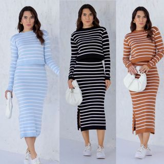 Conjunto listrado de 2pc ( blusa +saia longo), tecido modal ,Dia das Mães, tamanho único 36 até 40 em Oferta na Shopee