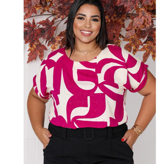 Blusa Feminino Plus Size Visco linho Gola Redonda Com Manga Dobrado em Oferta na Shopee
