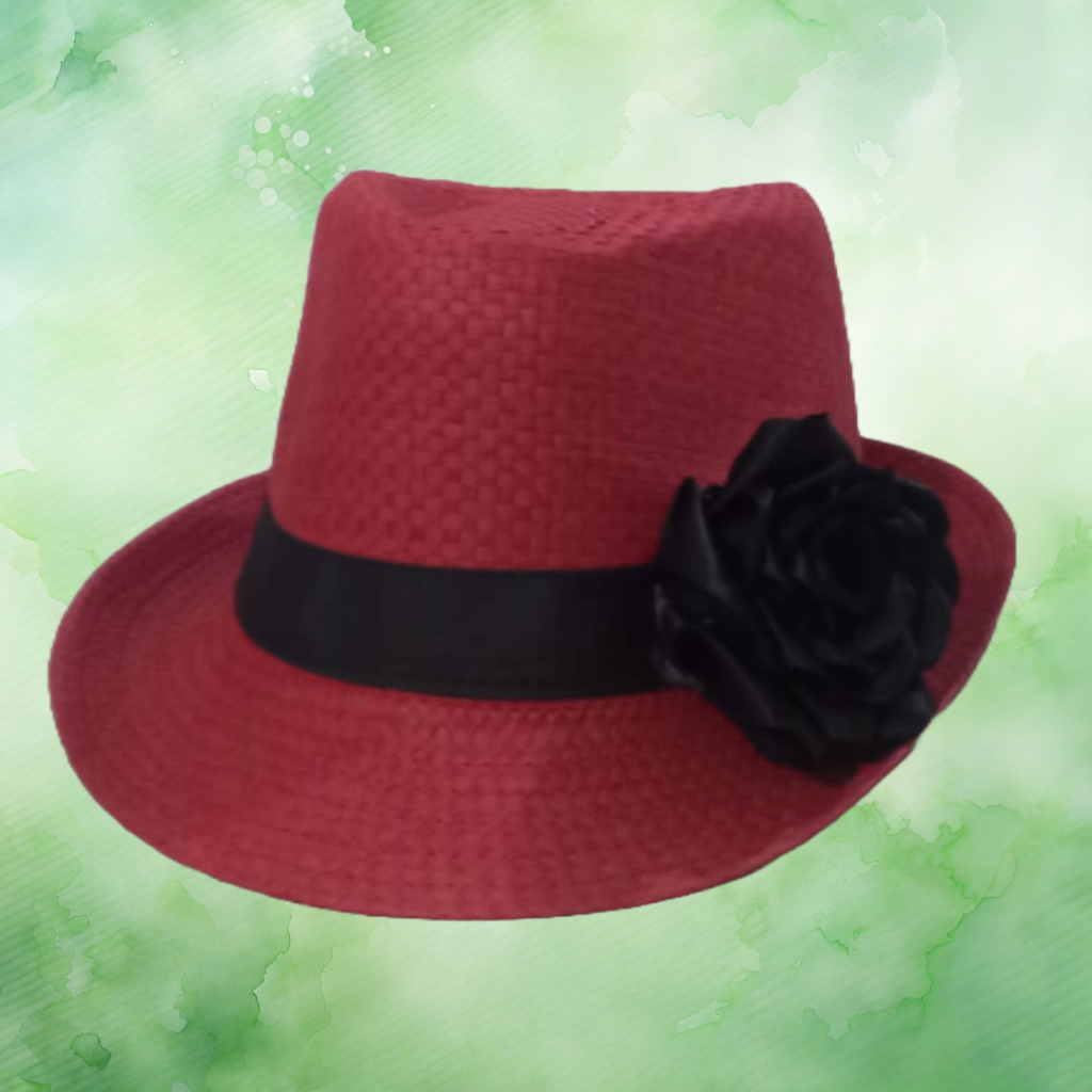 CHAPÉU POMBOGIRA - VERMELHO COM FITA E FLOR PRETOS - MODELO PANAMÁ