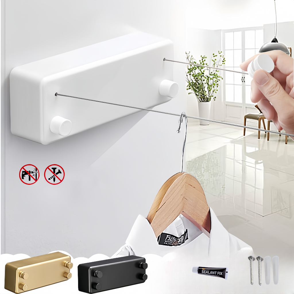 Varal Retrátil Parede Automático 2 Cordas Apartamento Cor Branco 4,2 Metros
