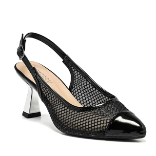 Scarpin Feminino Slingback Stessy Shoes Bico Fino Salto Taça Metalizado Tela Blogueira Confortável em Oferta na Shopee