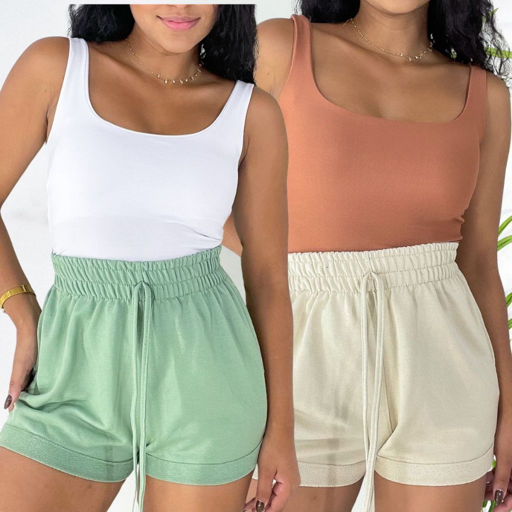 Kit Short Feminino Moletinho Moletom Elástico na Cintura De Algodão Com Bolso Laterais