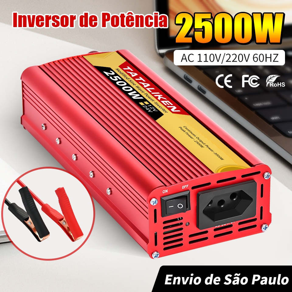 Inversor 12V to 110V / 220V 2500W 2000W 1500W 600W Transformador de carro brasileiro com tomada de três pinos