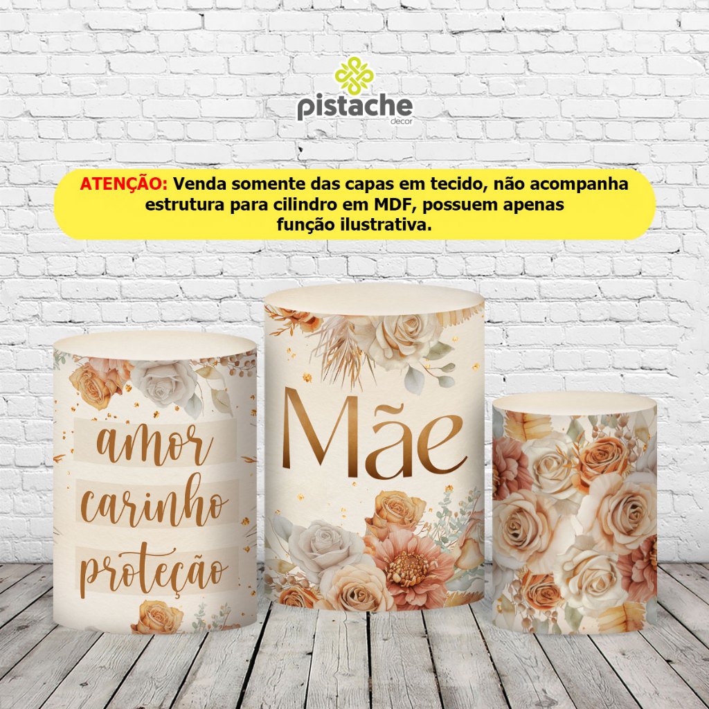 Detalhes do Kit Trio Capas de Cilindro para Festa Dia das Mães Em Tecido Sublimado Veste Fácil