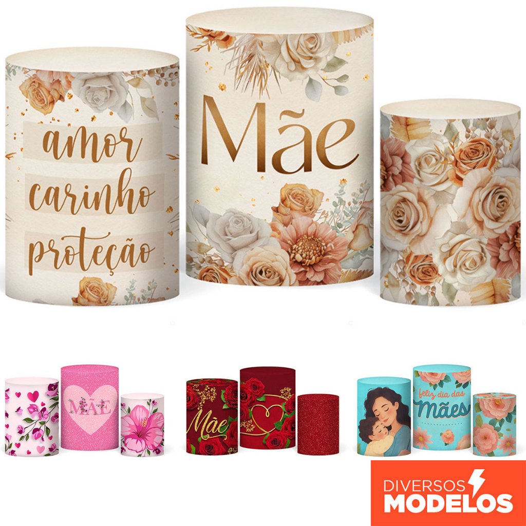 Capa Cilindro Decoração Dia das Mães Em Tecido Sublimado Trio Veste Fácil para Festa