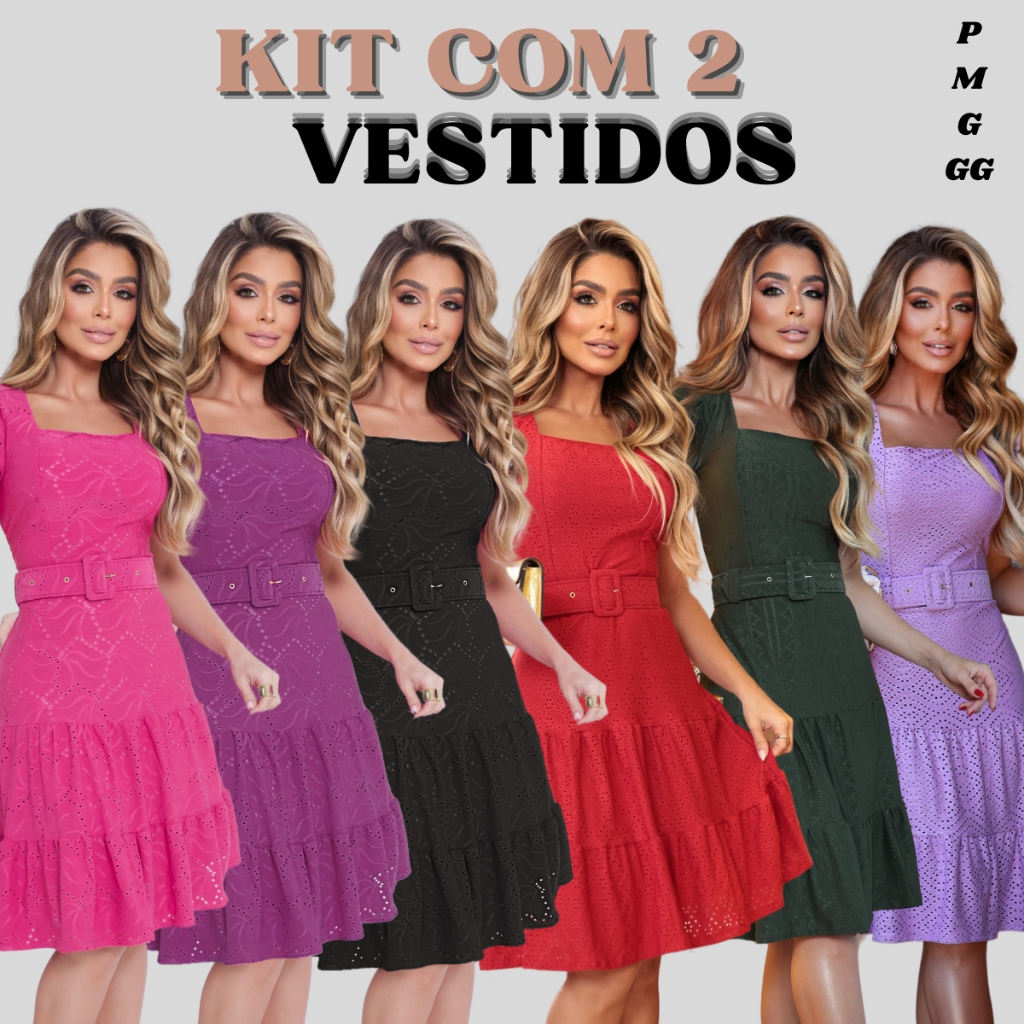 Kit Com 2 Vestidos Feminino Rodado Godê Babado Moda Social Evangélica Elegante + Cinto Grátis em Oferta na Shopee