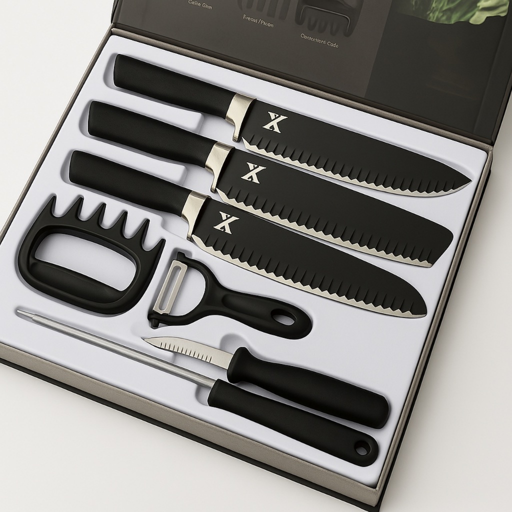 Kit Churrasco Conjunto de 08 Peças Facas Gourmet Corte Navalha Antiaderente Premium Presente Maleta
