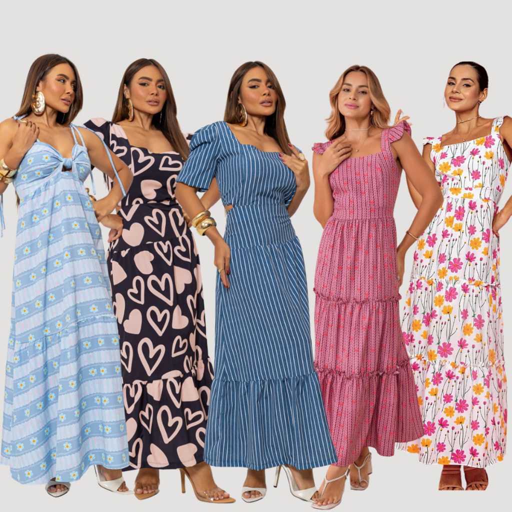 Vestido Longo Feminino Adulto Roupa Elegante Festa Estampado Floral Evangélico Babado Moda Luxo Soltinho Infantil