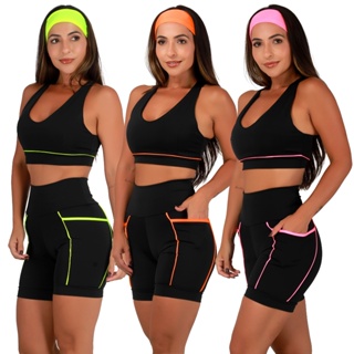 Kit 3 Conjuntos Fitness Feminino Top Academia + Bermuda Compressão Com Bolsos Laterais em Oferta na Shopee