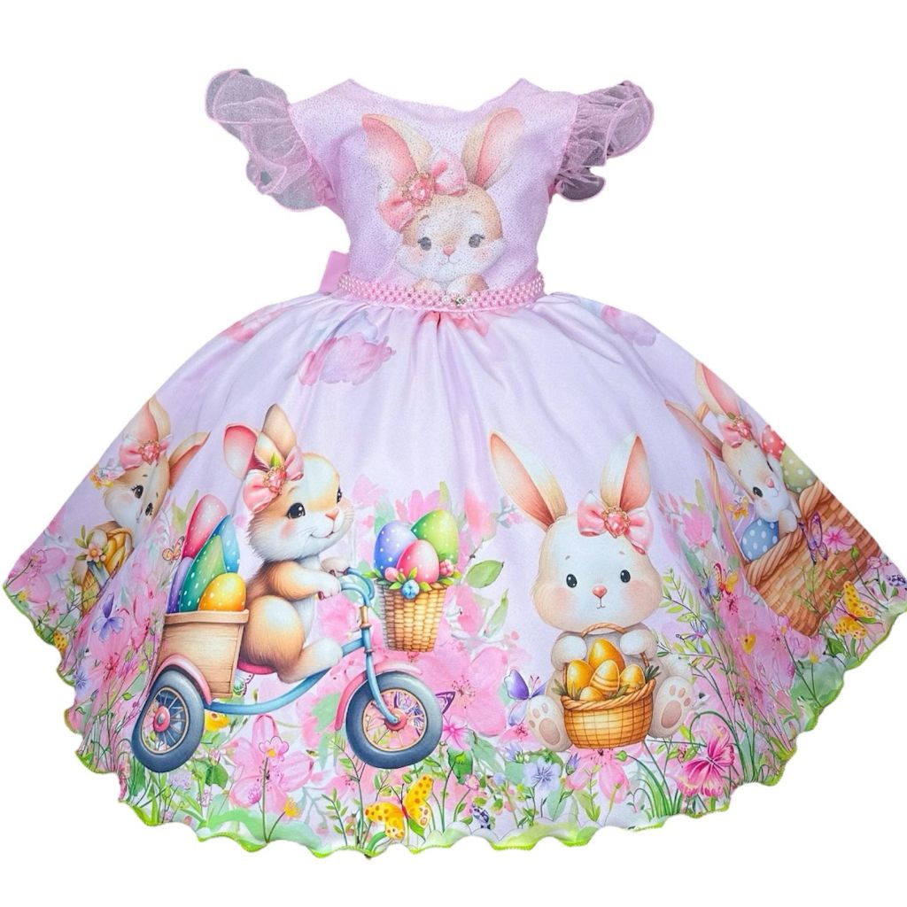 Vestido Rosa Bebê Menina Floral Coelhinha Páscoa Infantil Temático Coelhinho Roupa Festa Aniversário 1 Ao 4