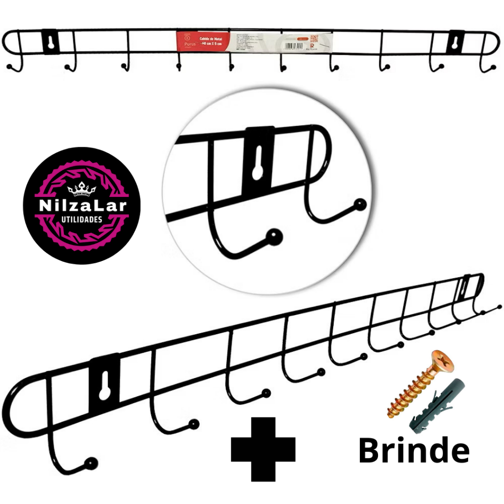 kit de 03 Cabides de 10 Ganchos mais BRINDE de Parafuso e Bucha de 6 mm