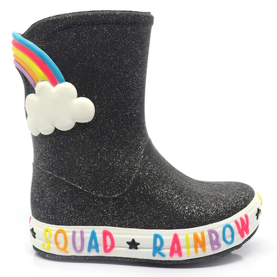 Galocha Bota Infantil Plugt Menina Confortável Leve Macio Nuvem Arco Iris Glitter Preto