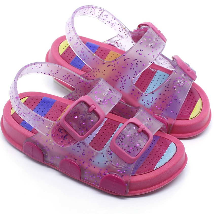Sandália Infantil Plugt Menina Confortável Transparente Glitter Listras Pink Macia Leve Original