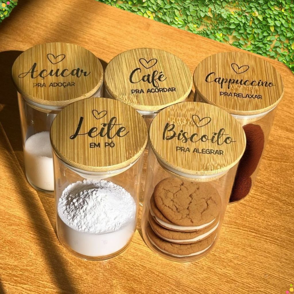 Kit 5 Pote Mantimentos 450ml Alta Vedação Cozinha Organização Tampa de Bambu Personalizada