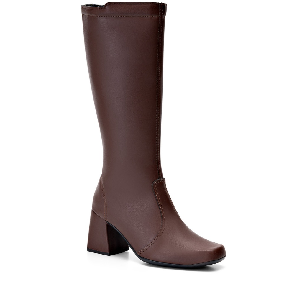 Bota Feminina Lumiss Cano Alto Bico Quadrado Salto Alto Grosso Marrom em Oferta na Shopee