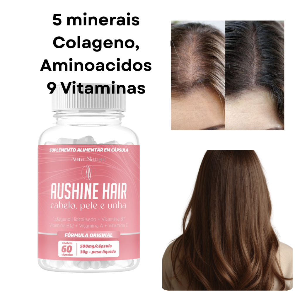 Vitaminas cabelo pele unha AushineHair 60caps + colageno + biotina + vit B12+ vit E