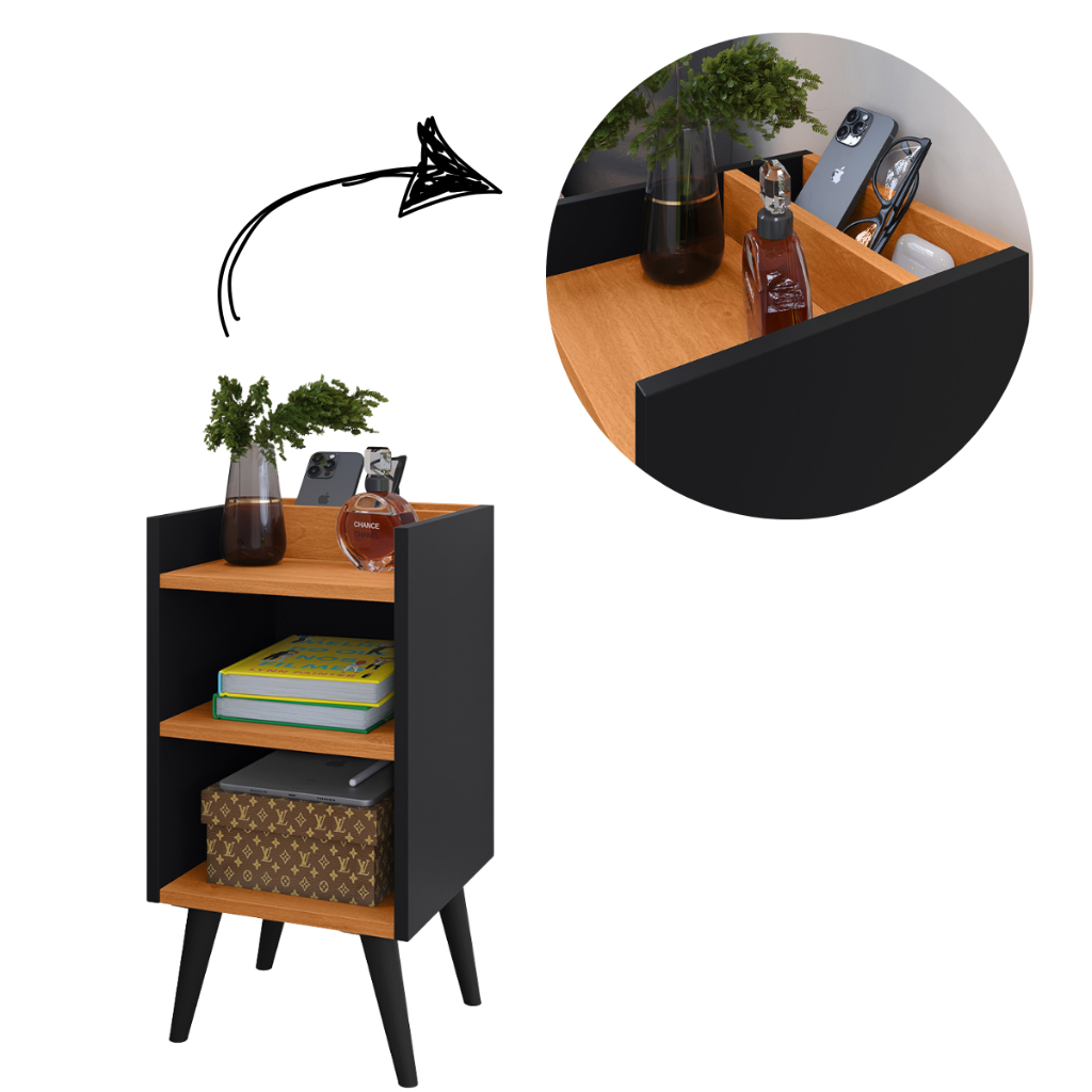 Mesa de Cabeceira Retrô Nicho com Porta-Celular e Organizador Max