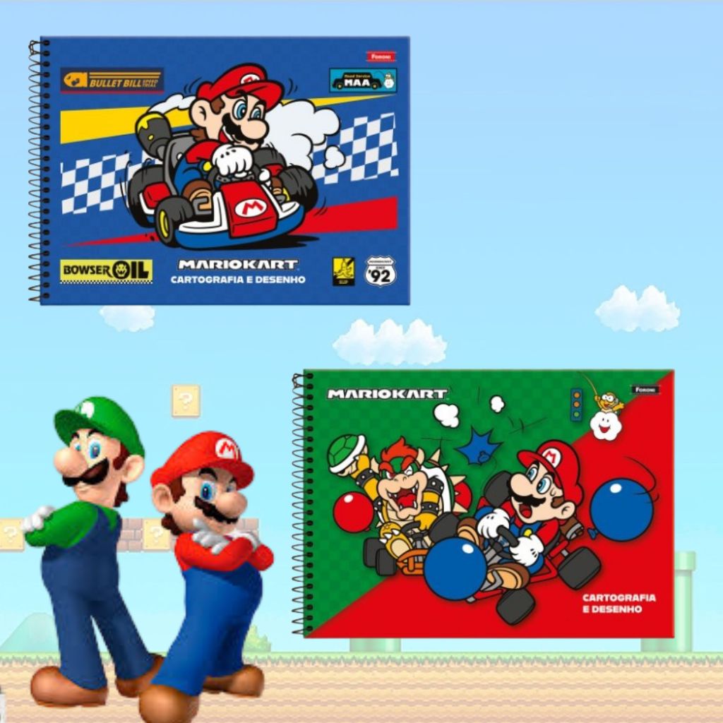 🎮🏁 CADERNO CARTOGRAFIA E DESENHO SUPER MARIO 🏁🎮 / MARIO KART / NINTENDO / FORONI / 80 FOLHAS