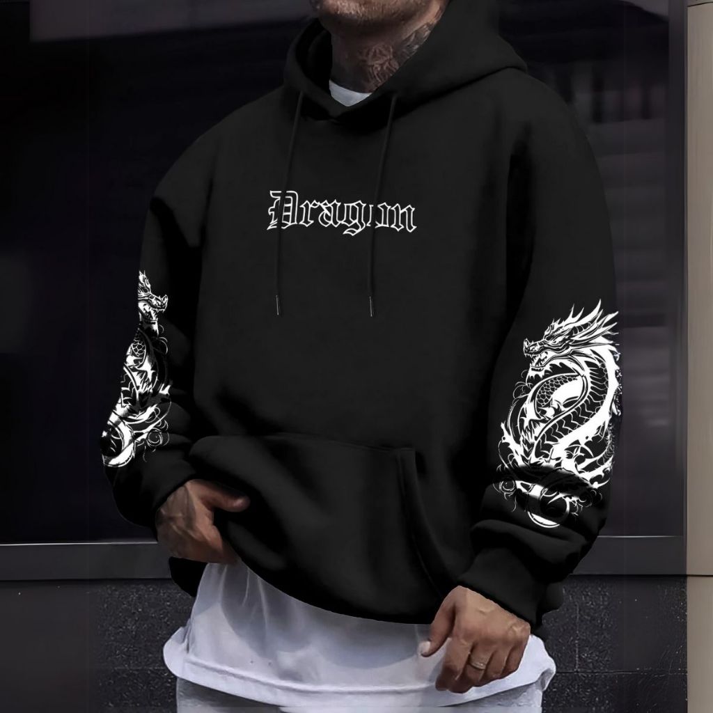 Moletom Capuz Estiloso De Algodão Estampado Dragão Oriental Casual Confortável Flanelado Moda Inverno