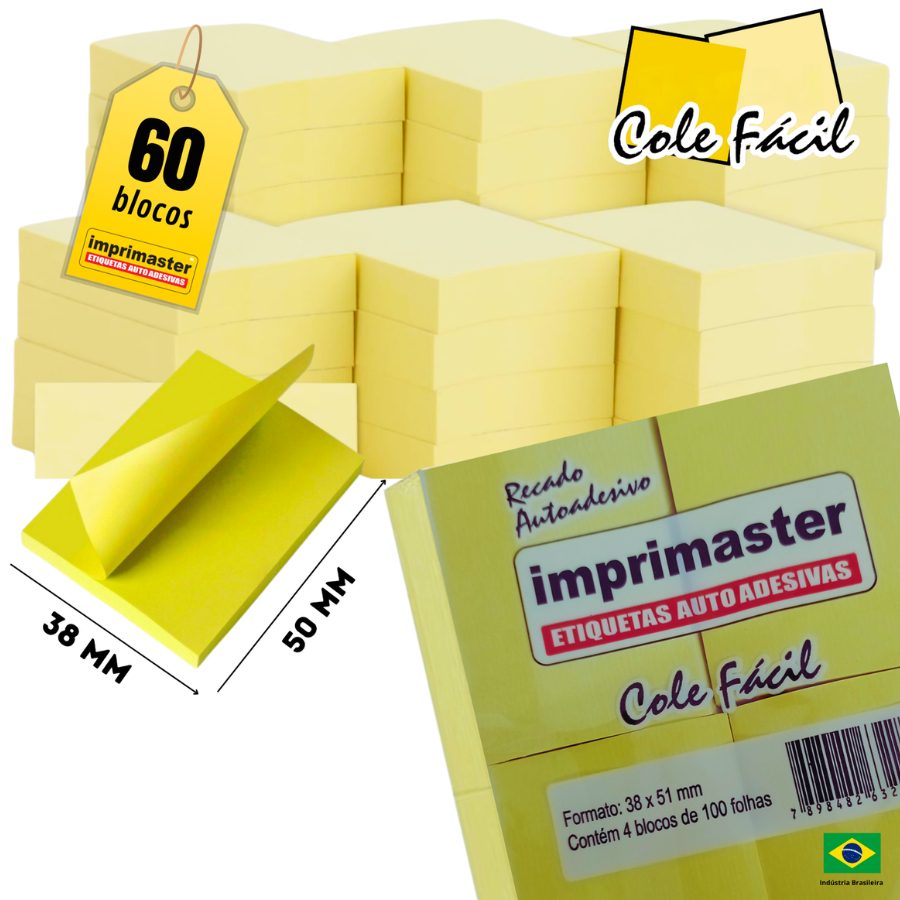 60 Blocos Recados Cole Fácil 38x50mm 100 Folhas - Cor Amarelo