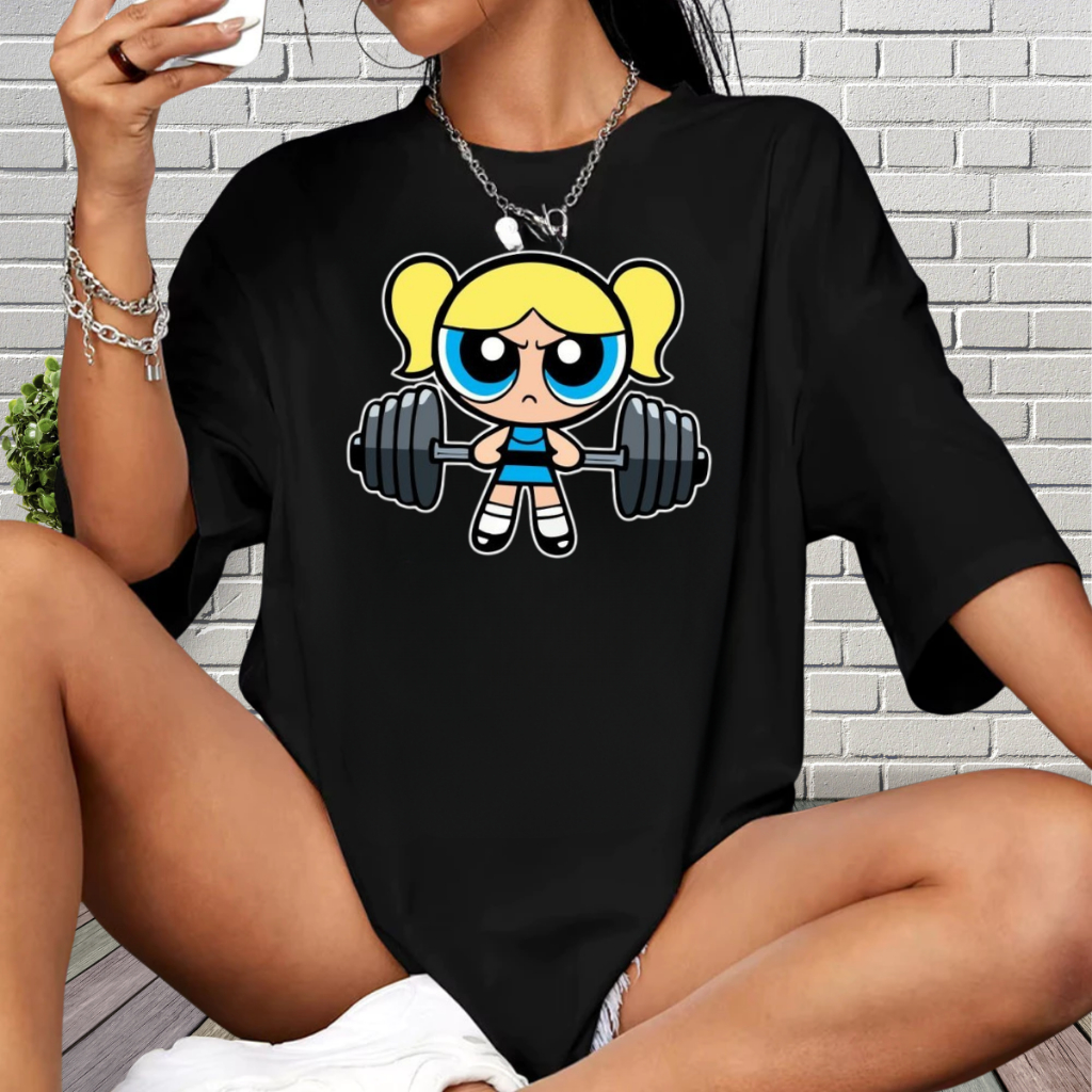 Camiseta Academia T-Shirt feminino 100% algodão casual ombro caído Super Poderosas estampada