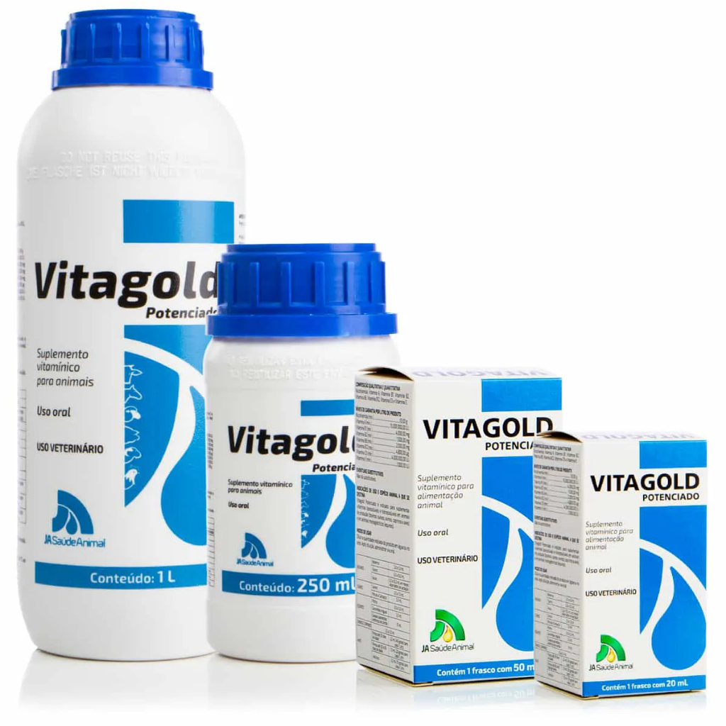Vitagold Potenciado 50ml ou 250ml Vitagold para Aves Equinos Suínos Cães Gatos Bovinos Ovinos