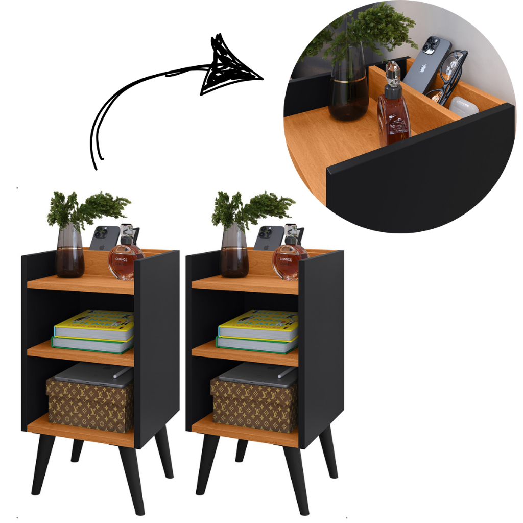 Kit com 2 Mesa de Cabeceira Nicho Organizador, pés retrô em PVC e Porta-Celular Max