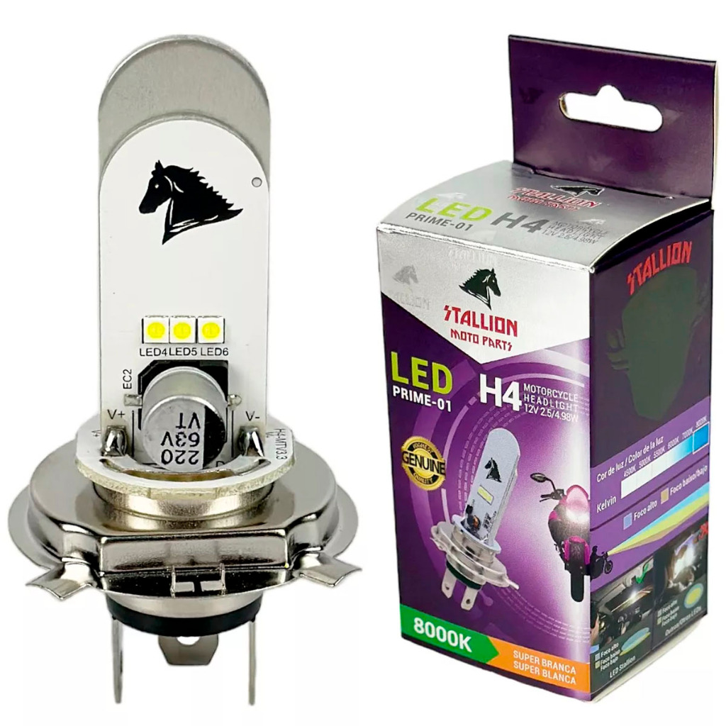 Lâmpada Farol Led Super Branca 8.000k H4 Universal Stallion Efeito Xenon