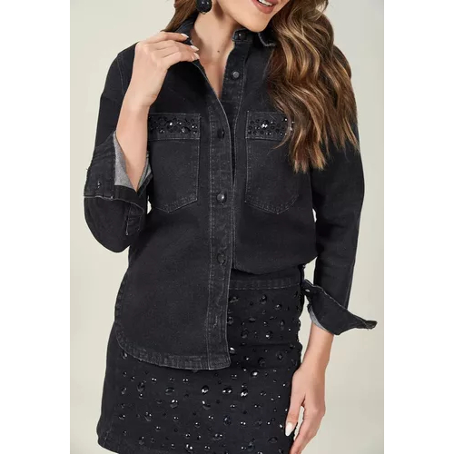 Camisa Manga Longa Black Elastano Pedraria Bolso Doce Trama
