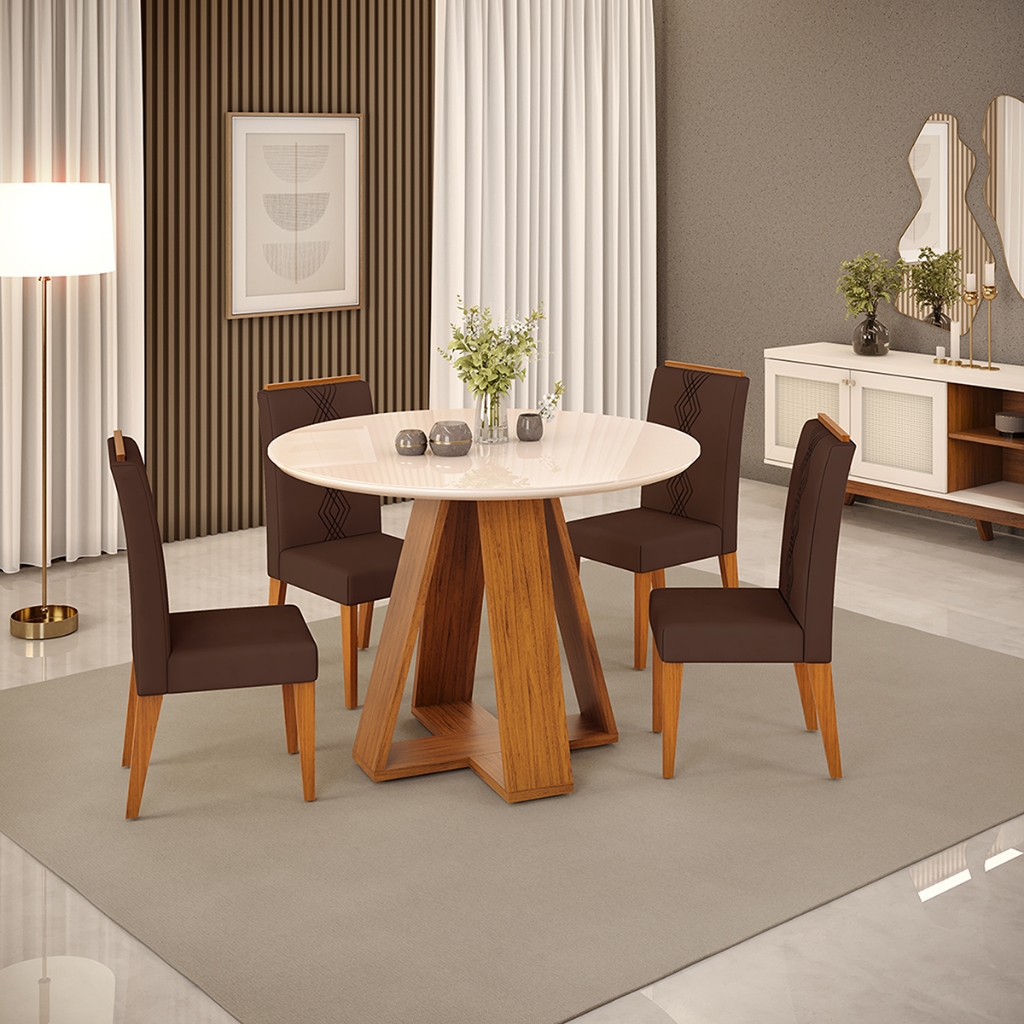 Conjunto de Sala de Jantar 4 Cadeiras Tampo Redondo Curvo DJ Móveis Kiara Cadeira Yasmin Freijo Moca em Oferta na Shopee