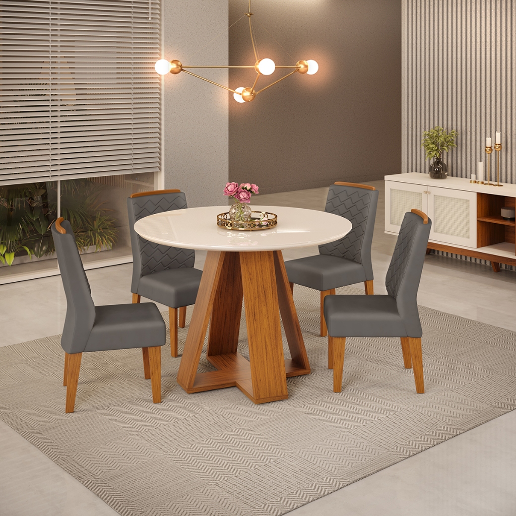 Conjunto de Sala de Jantar 4 Cadeiras Tampo Redondo Curvo DJ Móveis Kiara Cadeira Lidia Freijo Lunar em Oferta na Shopee