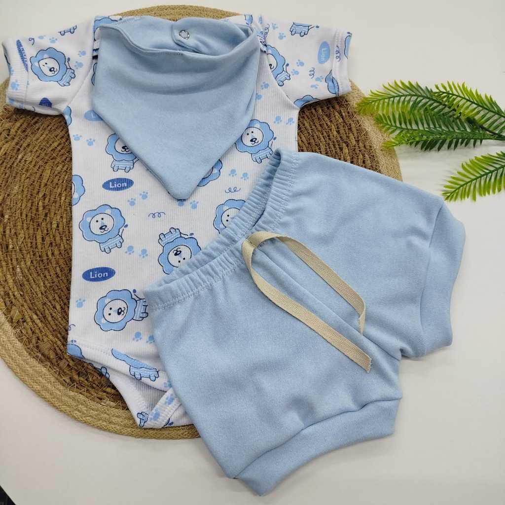 Kit de Body para Bebê Canelado Colorido Algodão Babador Short Bory RN