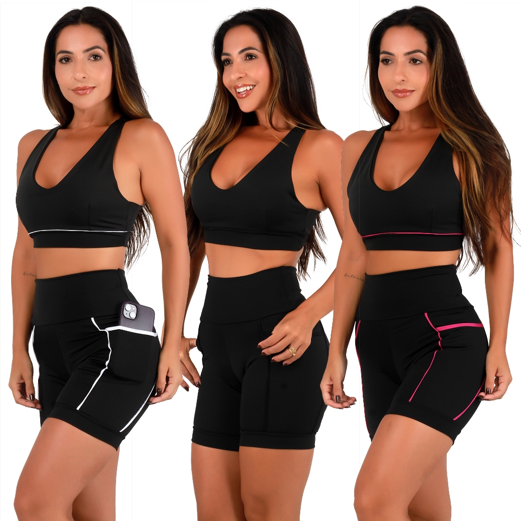 Kit 3 Conjuntos Fitness feminino Academia Top Compressão e Bermudas Com Bolsos Laterais