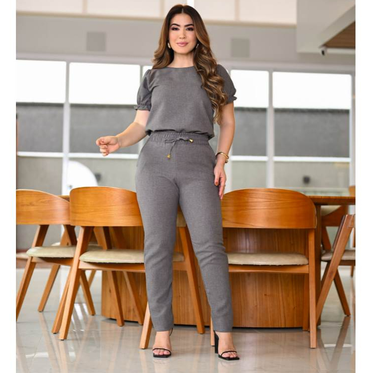 Conjunto Feminino Casual Elegante Básico Blusa Calça em Linho Algodão Cores Verão 2024 Rou...