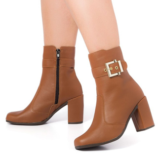 Bota Feminina Salto Alto Grosso Fivela Bico Quadrado Cano Curto Original Olívia Moda Confortável em Oferta na Shopee