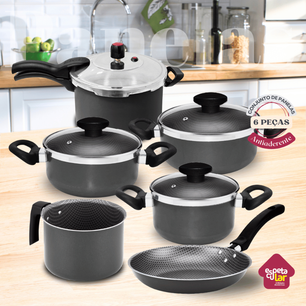 Conjunto Panelas Caçarola + Leiteira + Frigideira + Panela de Pressão 4,5  Antiaderente 6Pçs