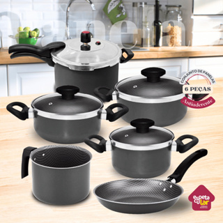 Conjunto Panelas Caçarola + Leiteira + Frigideira + Panela de Pressão 4,5  Antiaderente 6Pçs em Oferta na Shopee
