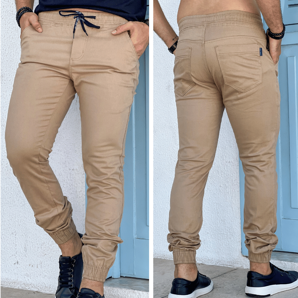 Calça Jogger Masculina Preta Sarja Premium Com Lycra Slim Punho Com Elástico Preto e Bege Caqui