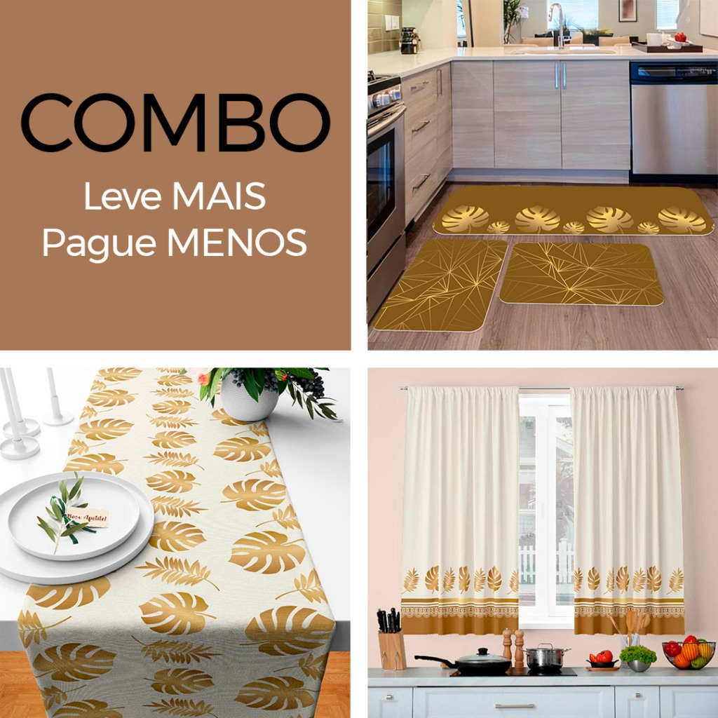 COMBO COZINHA - Cortina Decorativa + Kit 3 Tapetes para Cozinha + Trilho de Mesa Folhas Douradas