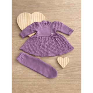 Vestido Calça Perola Récem Nascido Tricô infantil Bebê Menina Tricot RN