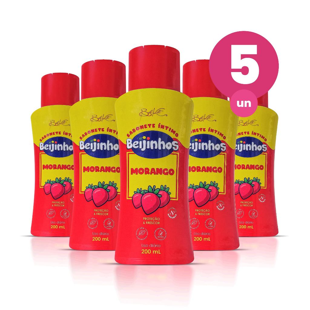 Kit 5 Sabonete Íntimo Feminino Morango Beijinhos Proteção e Frescor 200ml Belkit