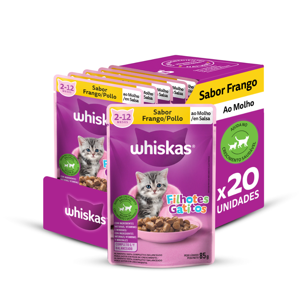 Kit 20un Ração Úmida Whiskas Sachê Frango Gato Filhote 85G em Oferta na Shopee