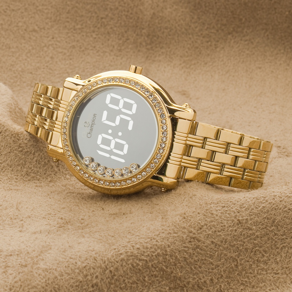 Relógio Feminino Champion Dourado Com Strass Digital Kit Colar e Brincos CH48055