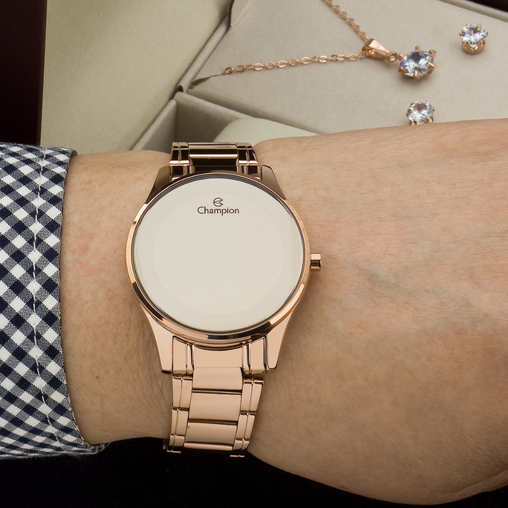 Relógio Feminino Digital Champion Rose Gold Espelhado CH48046P com Kit Colar e Brincos