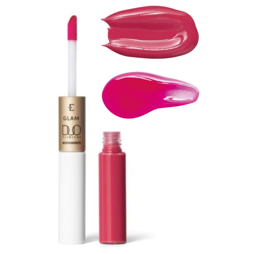 Batom líquido Eudora Glam Duo Clinical cor pink com aplicador à mostra e duas amostras de textura do produto ao lado