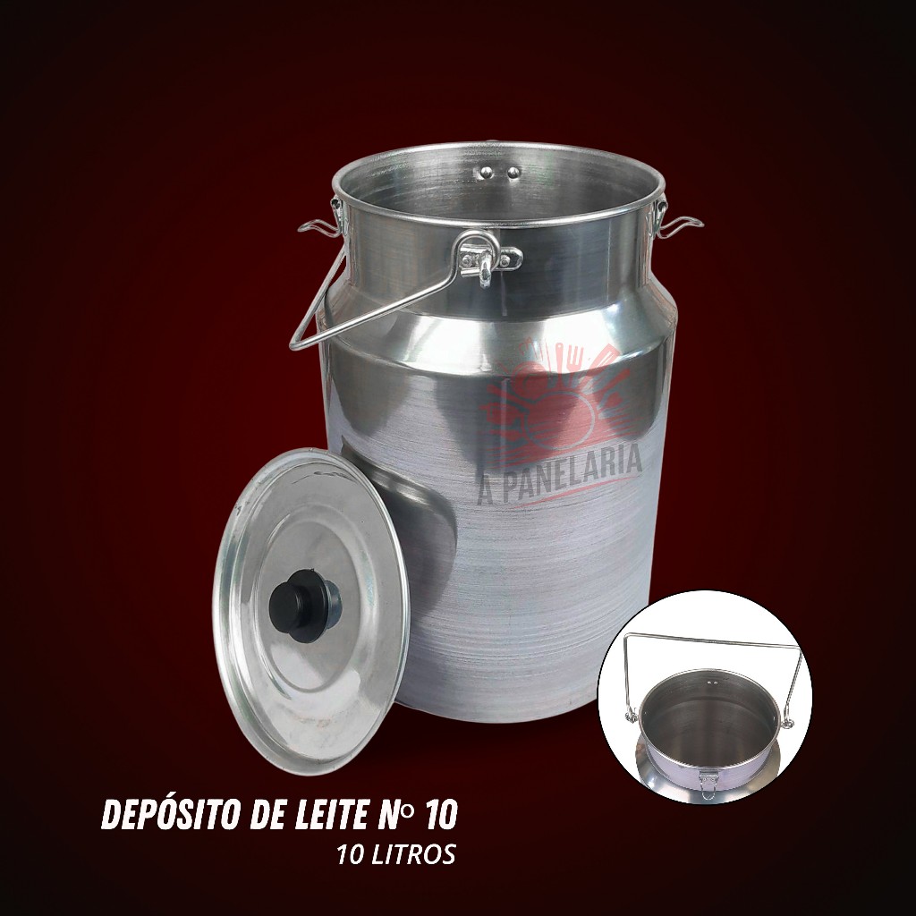 Depósito de leite leiteira 10 litros multiuso ração - alumínio com travas e alça - n°10